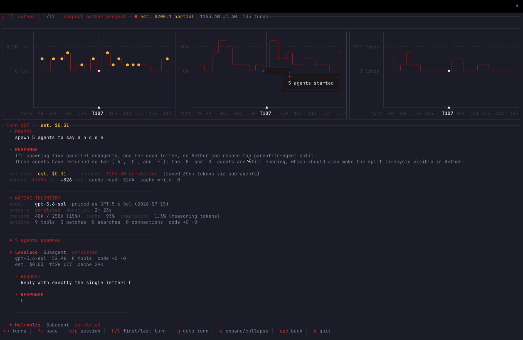 Aether showing nested agents within a parent Codex turn